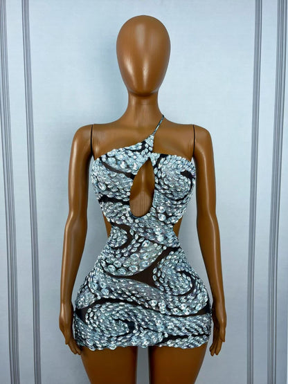 CELESINYI Raobaishe Crystal Cutout Mini Dress