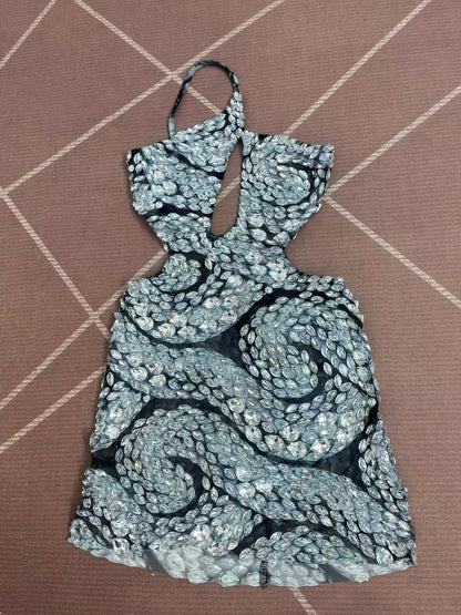 CELESINYI Raobaishe Crystal Cutout Mini Dress