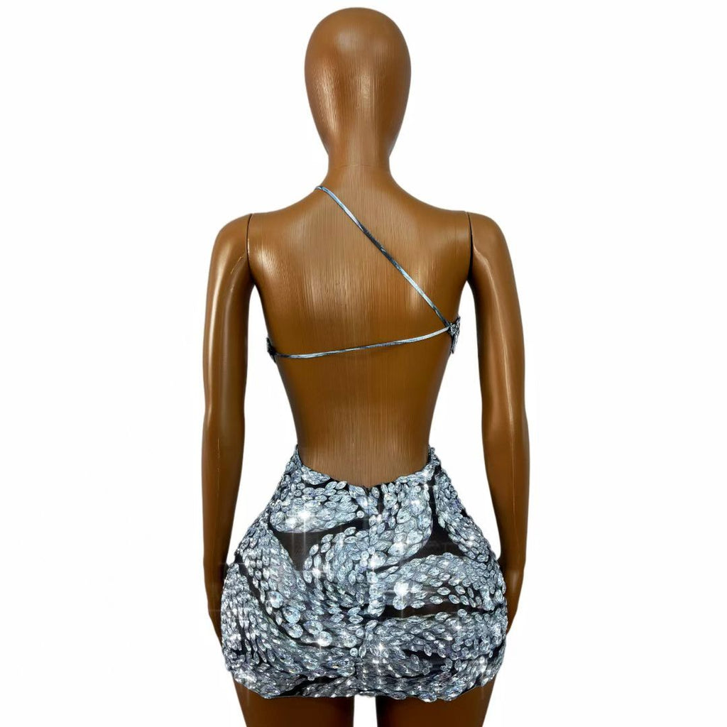CELESINYI Raobaishe Crystal Cutout Mini Dress