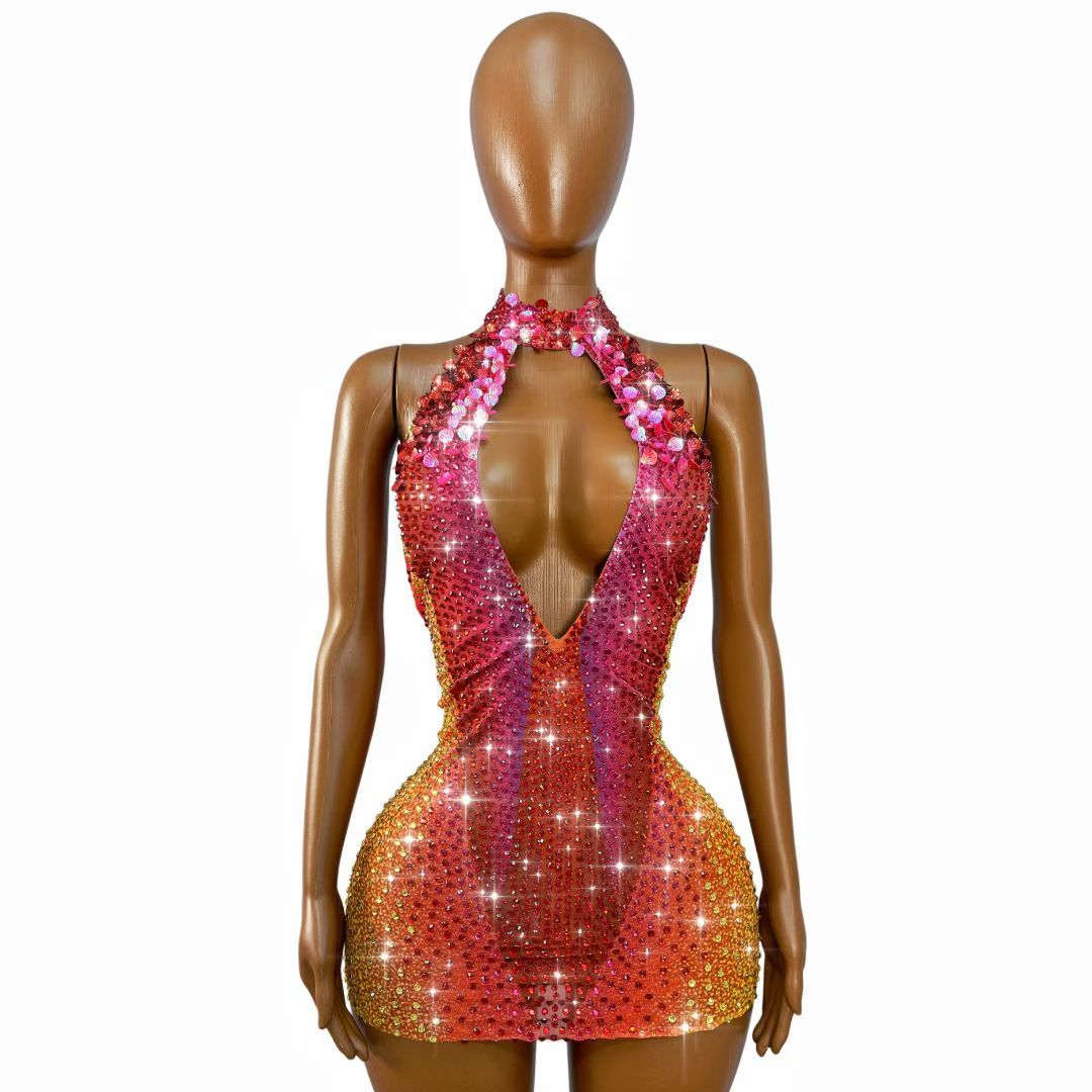 CELESINYI Honghaixia Crystal Choker Mini Dress