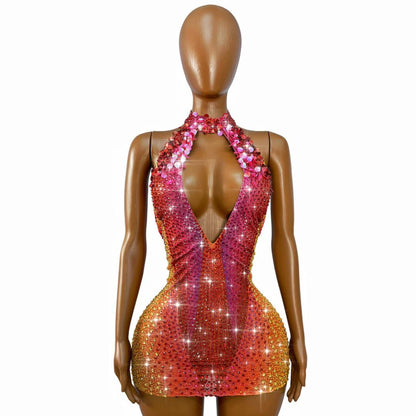 CELESINYI Honghaixia Crystal Choker Mini Dress