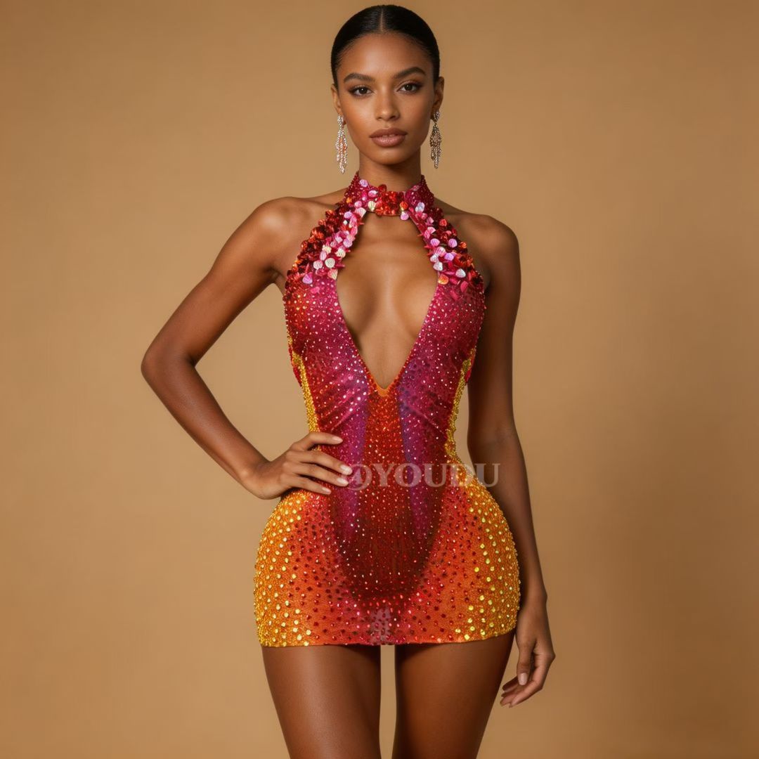 CELESINYI Honghaixia Crystal Choker Mini Dress