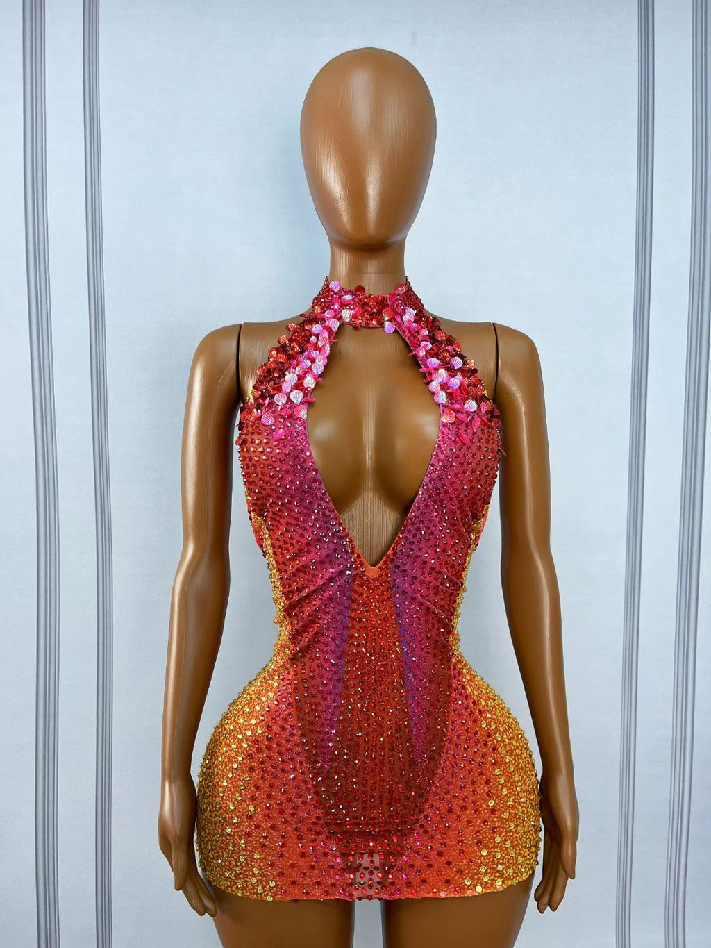 CELESINYI Honghaixia Crystal Choker Mini Dress