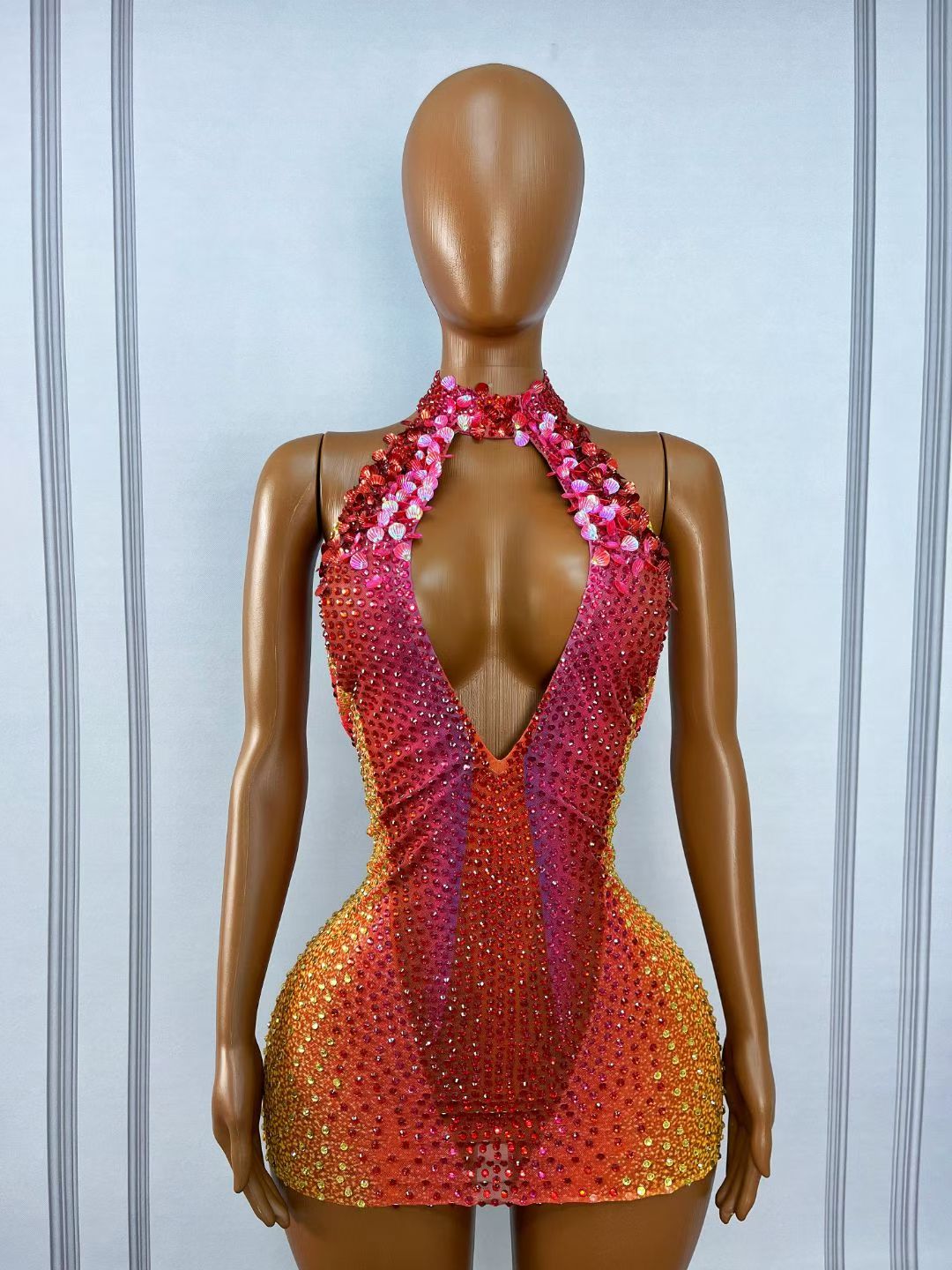 CELESINYI Honghaixia Crystal Choker Mini Dress