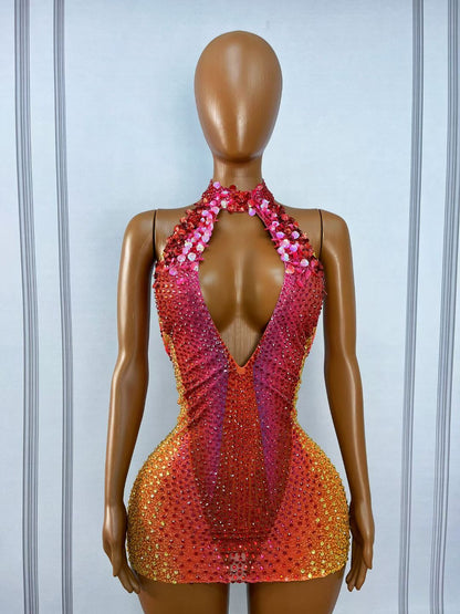 CELESINYI Honghaixia Crystal Choker Mini Dress