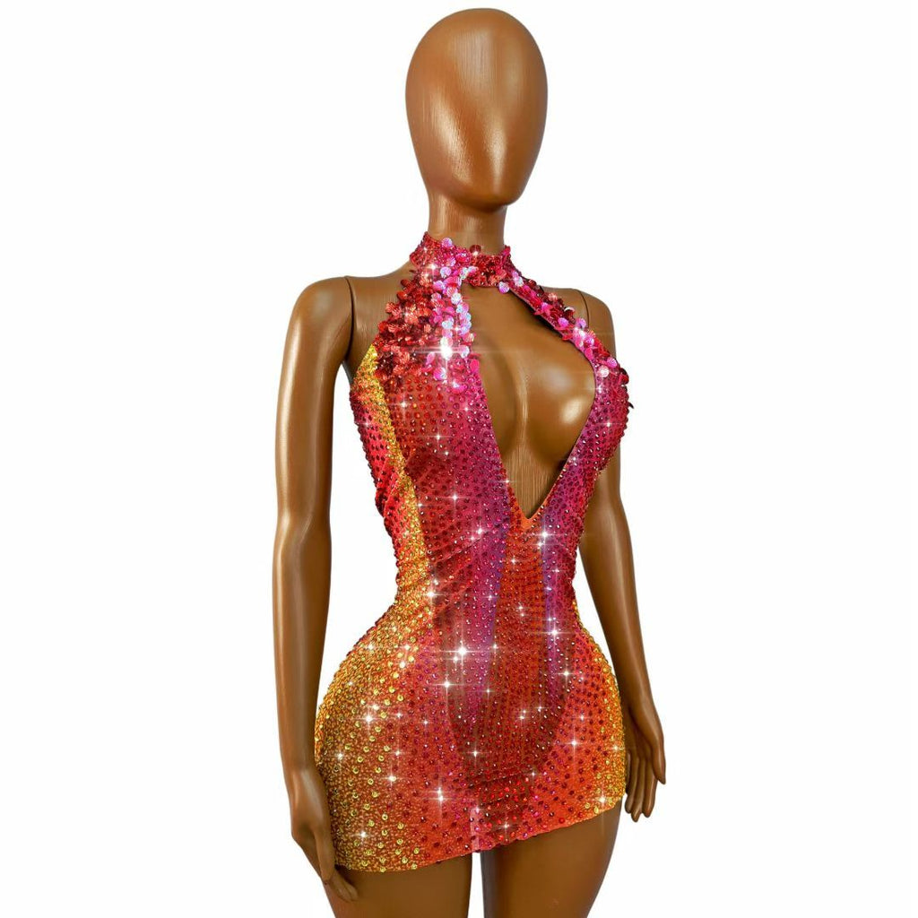 CELESINYI Honghaixia Crystal Choker Mini Dress