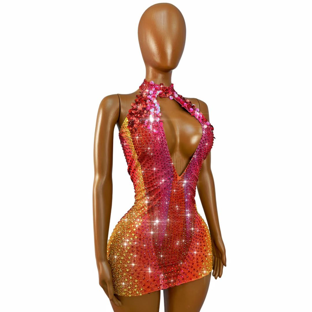 CELESINYI Honghaixia Crystal Choker Mini Dress