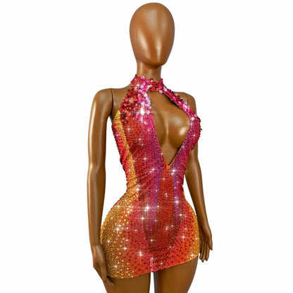 CELESINYI Honghaixia Crystal Choker Mini Dress