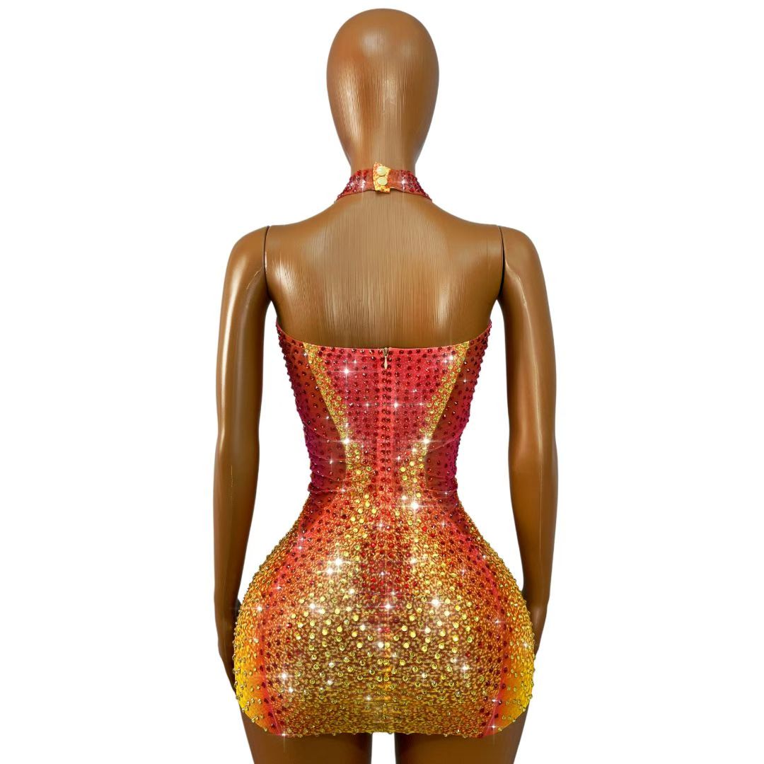 CELESINYI Honghaixia Crystal Choker Mini Dress