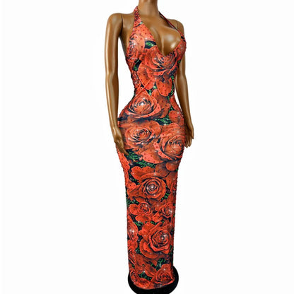 CELESINYI Meiguihuaban Crystal Rose Print Dress