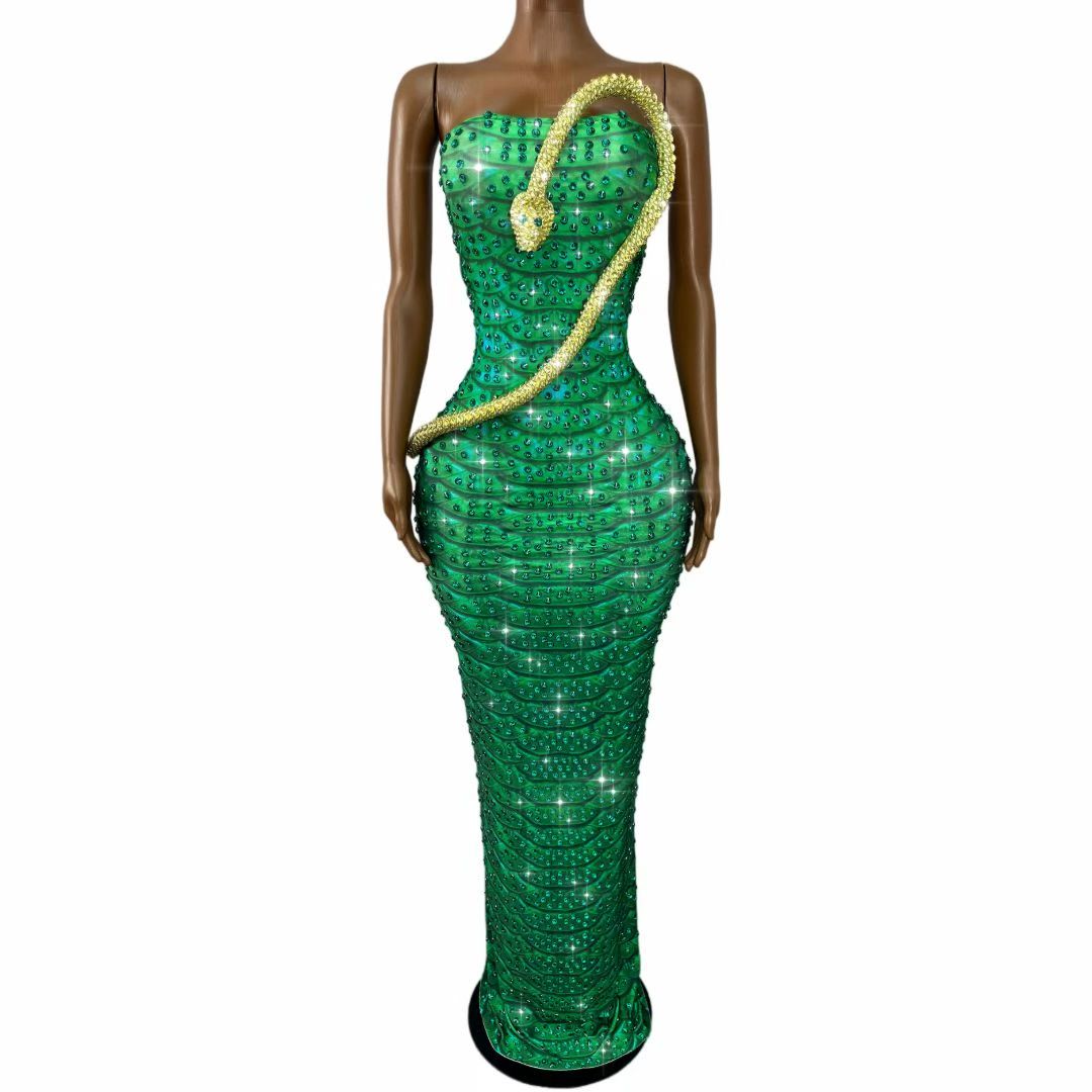 CELESINYI Lvbaoshe Crystal Emerald Snake Gown