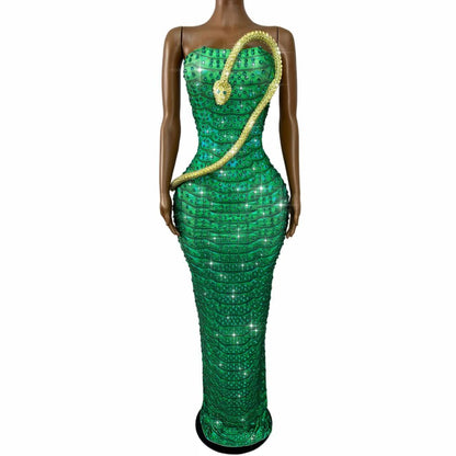 CELESINYI Lvbaoshe Crystal Emerald Snake Gown