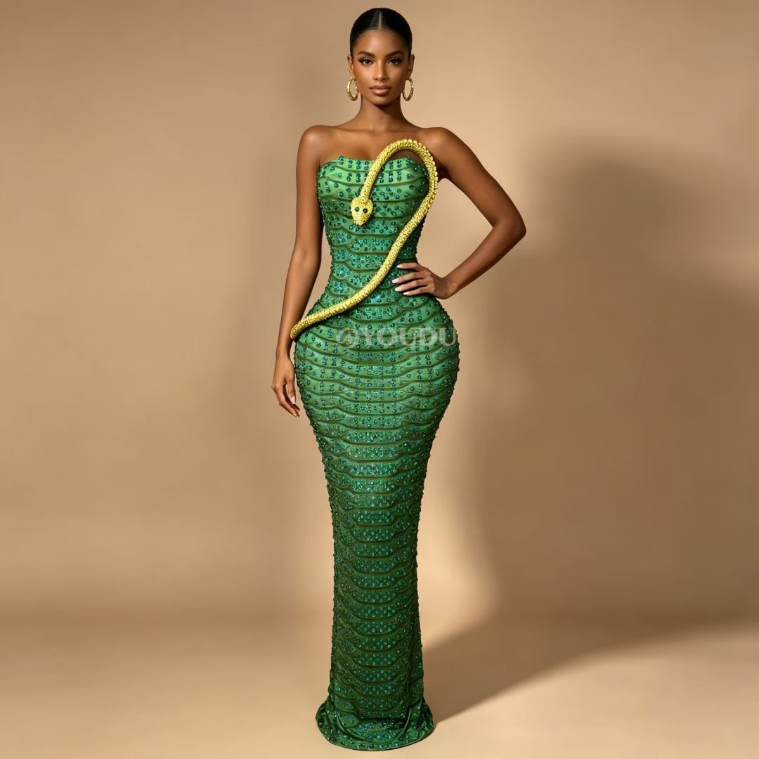 CELESINYI Lvbaoshe Crystal Emerald Snake Gown