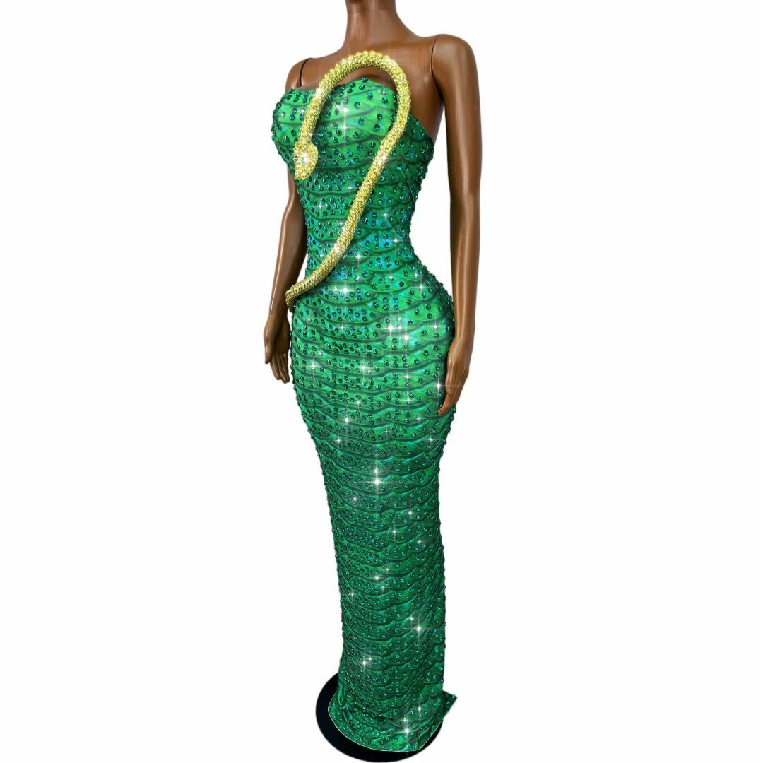 CELESINYI Lvbaoshe Crystal Emerald Snake Gown