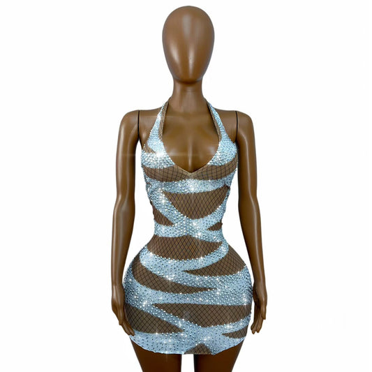 CELESINYI Chanrao Crystal Wrap Halter Mini Dress