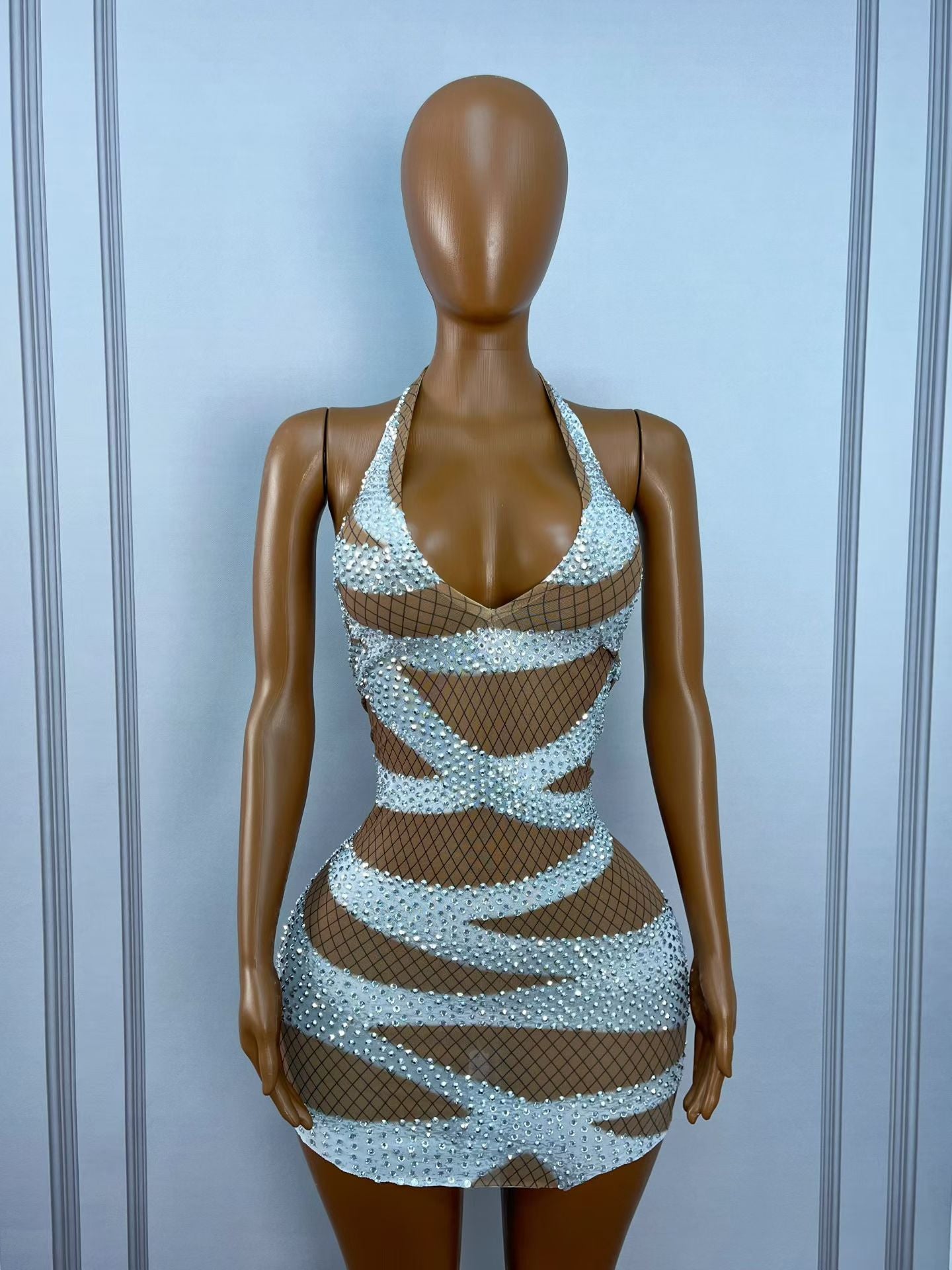 CELESINYI Chanrao Crystal Wrap Halter Mini Dress