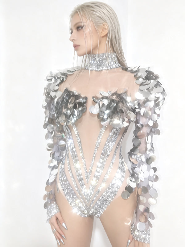 CELESINYI Shuiyue Crystal Silver Sequin Bodysuit