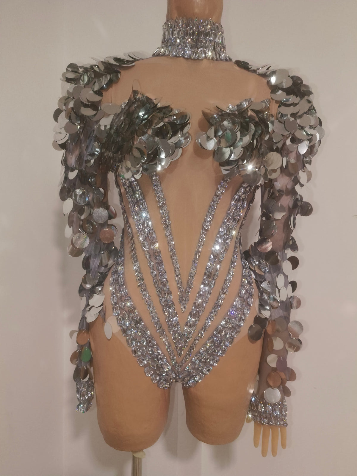 CELESINYI Shuiyue Crystal Silver Sequin Bodysuit