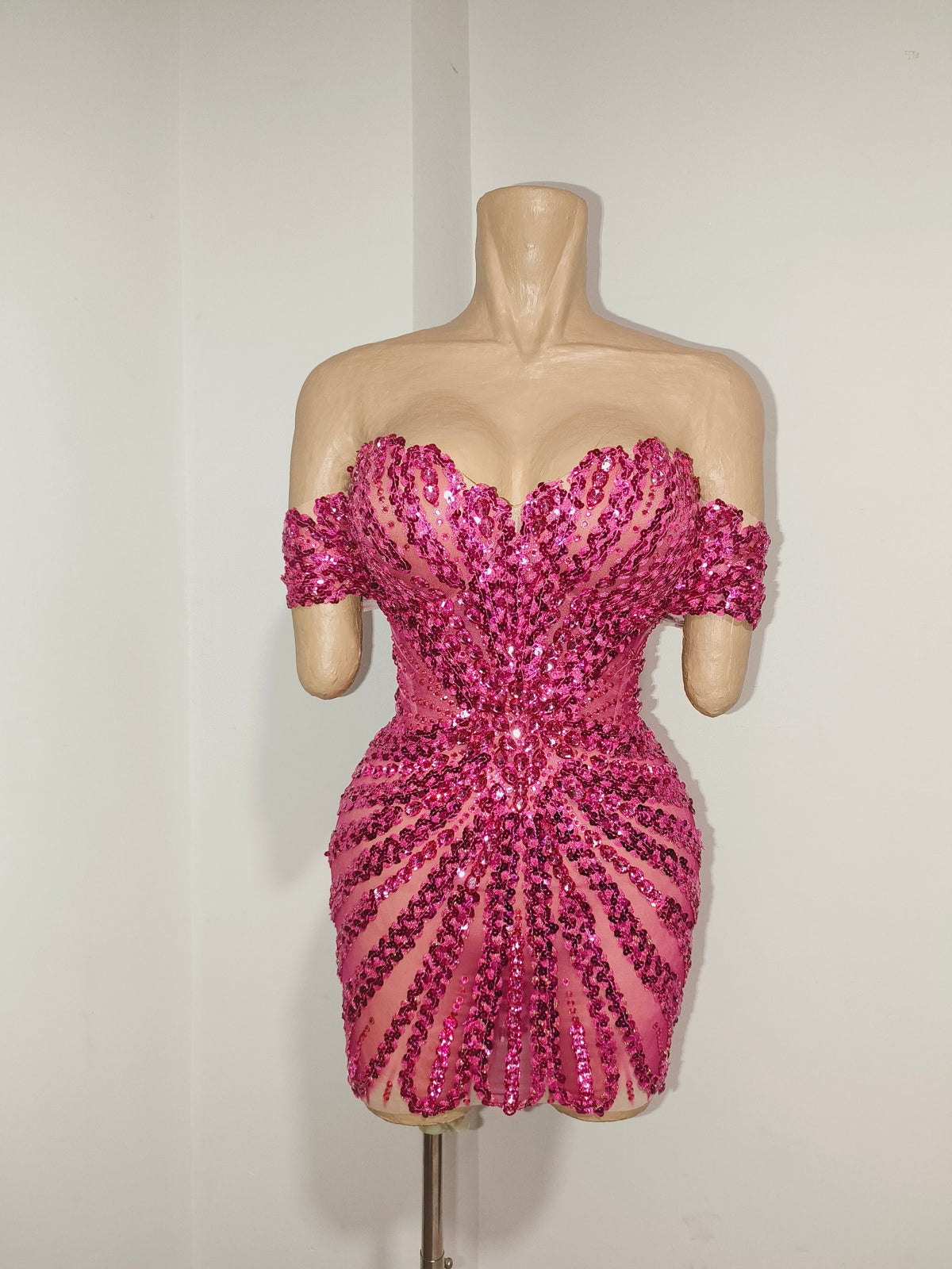 CELESINYI Huarong Rhinestone Fuchsia Mini Dress