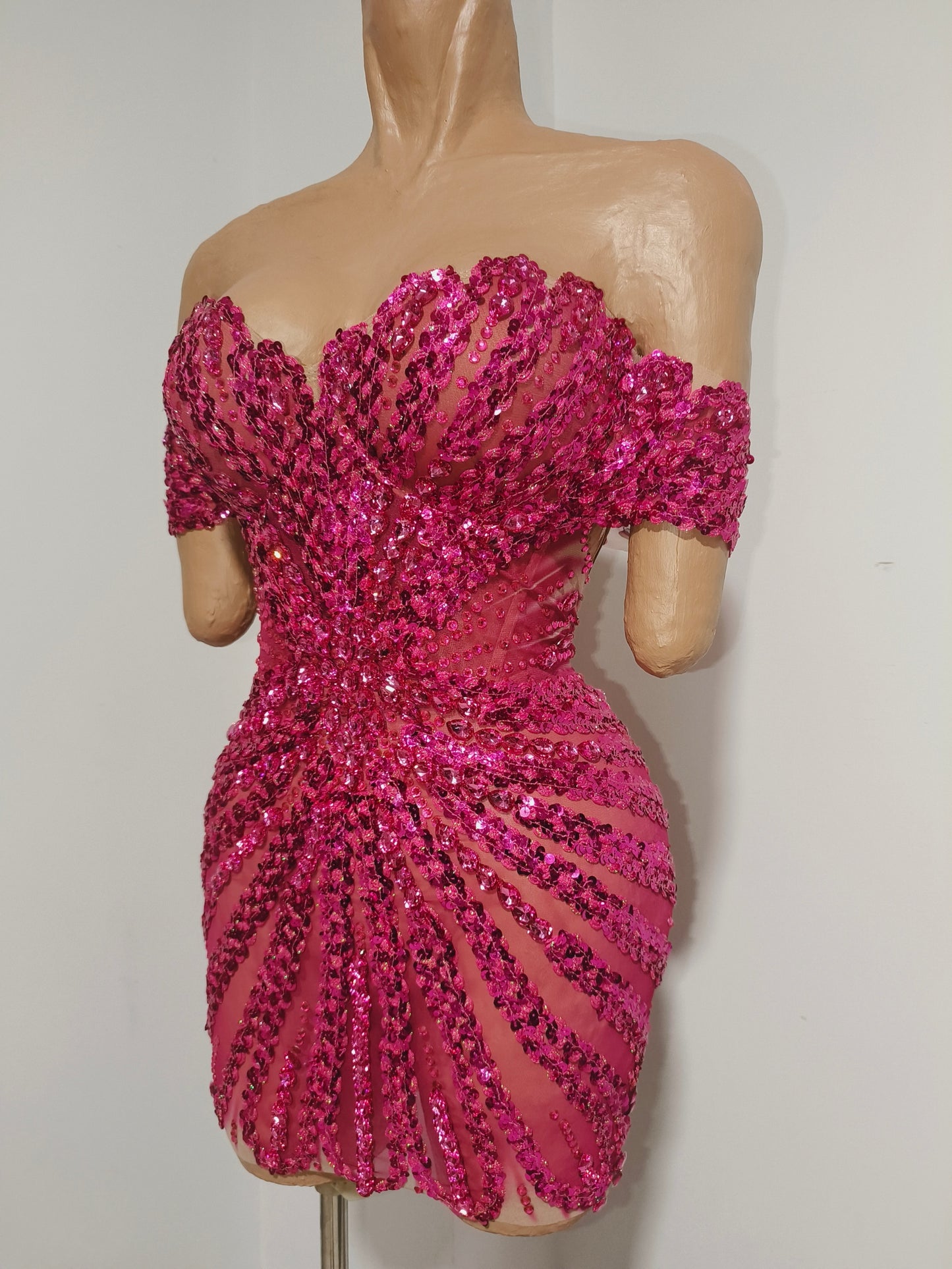CELESINYI Huarong Rhinestone Fuchsia Mini Dress