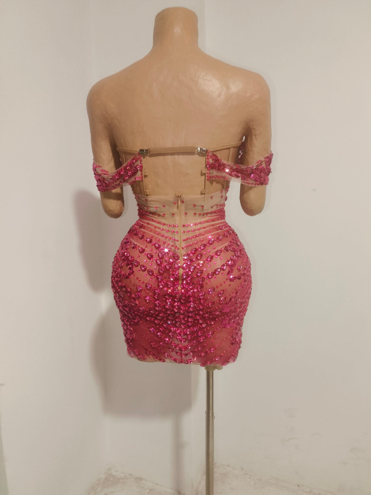 CELESINYI Huarong Rhinestone Fuchsia Mini Dress