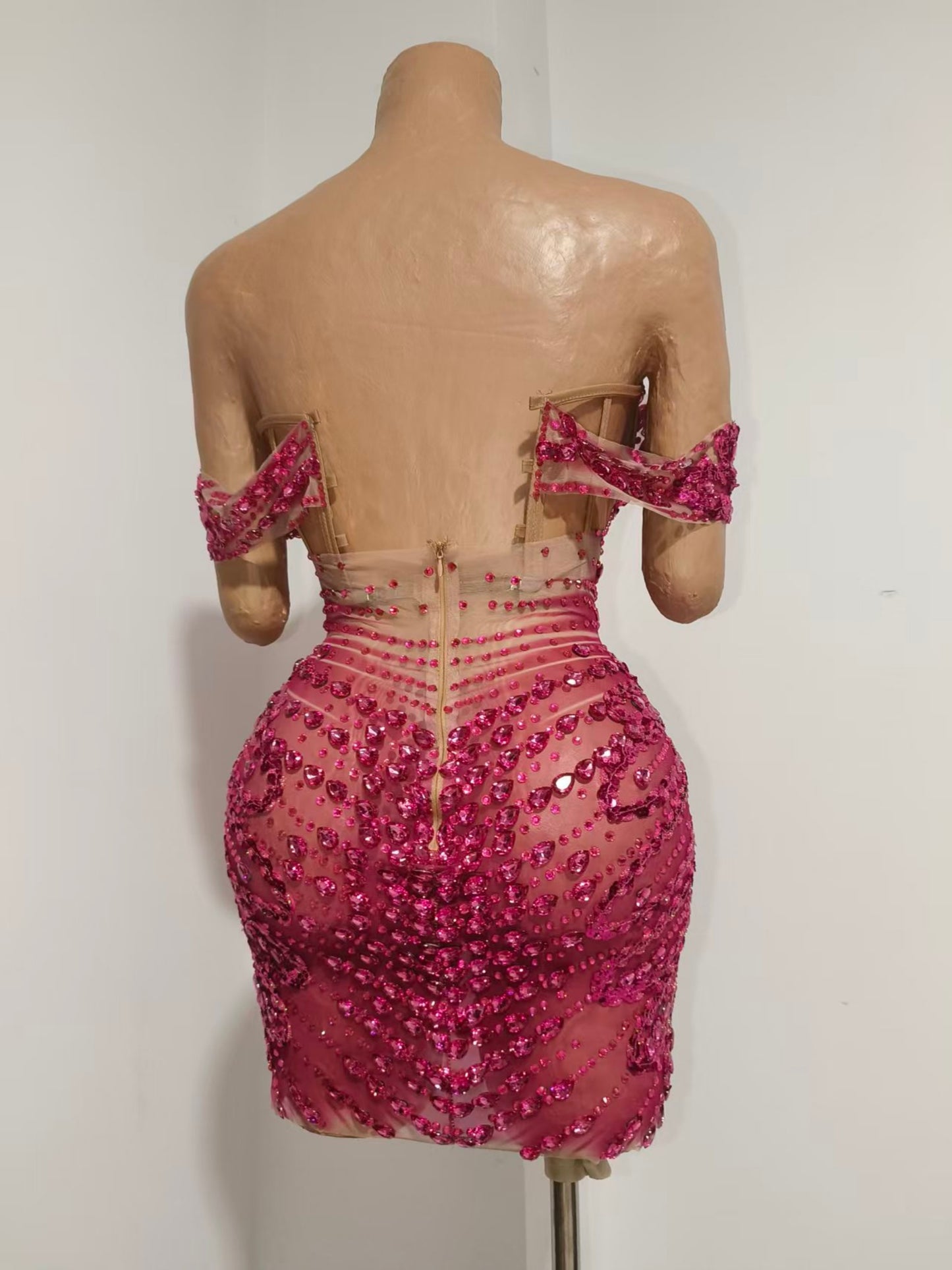 CELESINYI Huarong Rhinestone Fuchsia Mini Dress