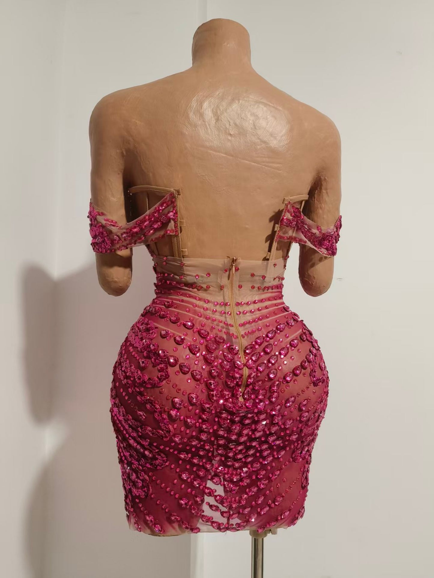 CELESINYI Huarong Rhinestone Fuchsia Mini Dress