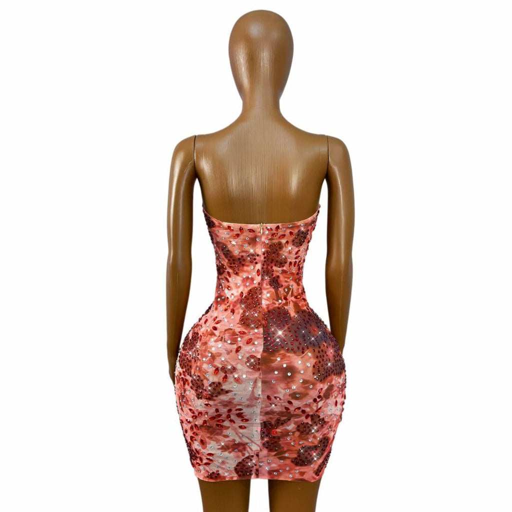 CELESINYI Meihong Crystal Red Gem Strapless Mini Dress