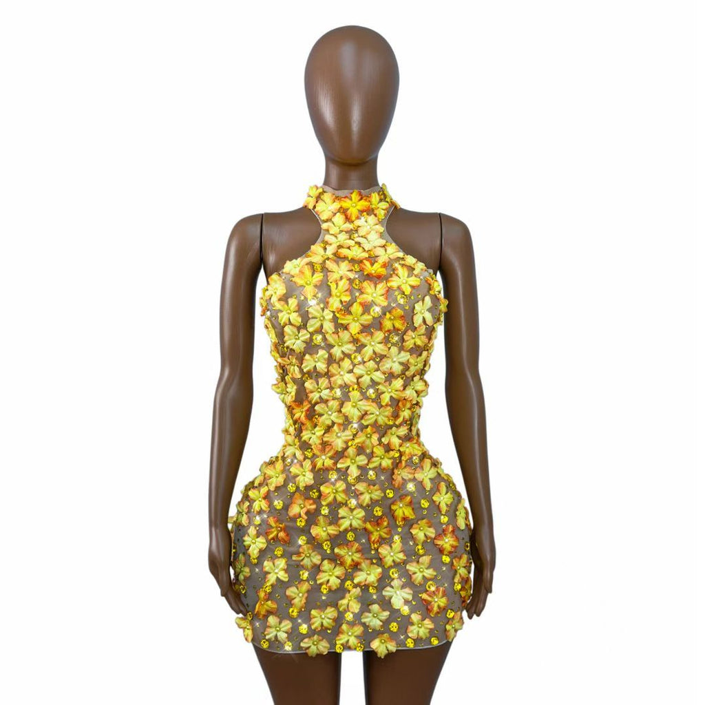 CELESINYI Fengyehua Crystal 3D Flower Mini Dress