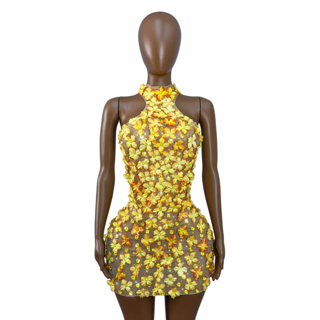 CELESINYI Fengyehua Rhinestone Maple Print Party Dress
