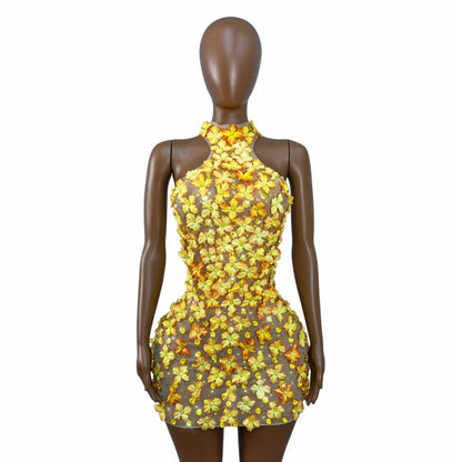 CELESINYI Fengyehua Rhinestone Maple Print Party Dress