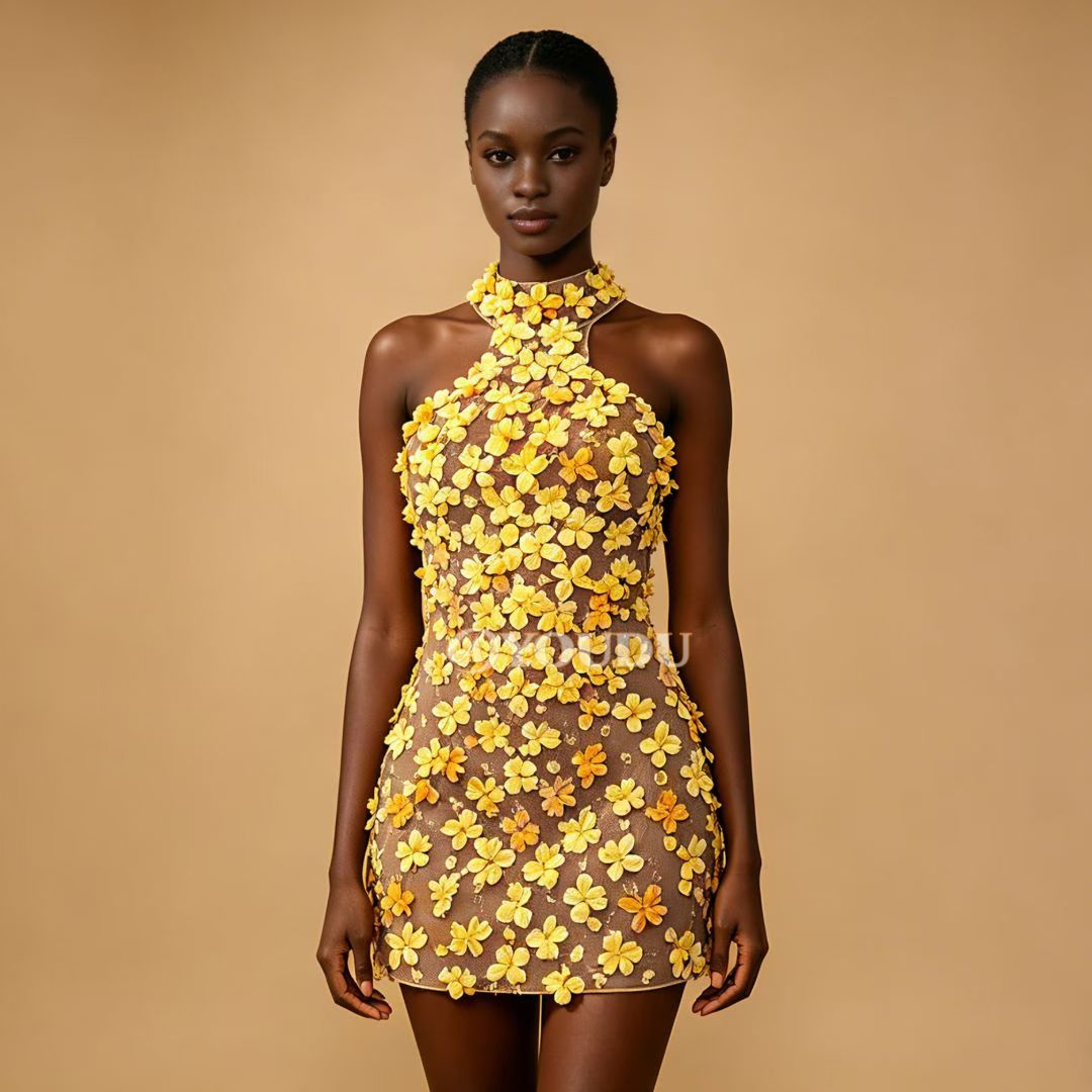 CELESINYI Fengyehua Rhinestone Maple Print Party Dress