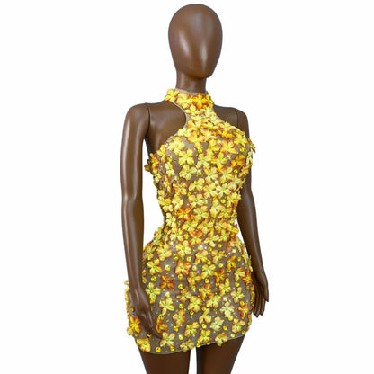 CELESINYI Fengyehua Rhinestone Maple Print Party Dress