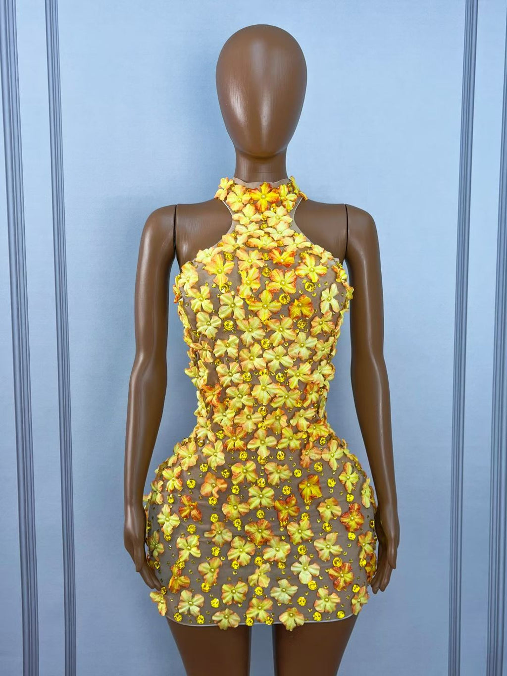CELESINYI Fengyehua Crystal 3D Flower Mini Dress