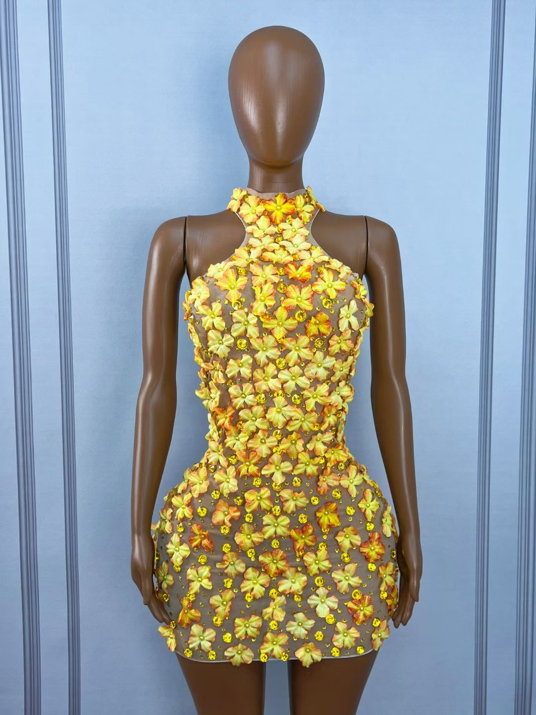 CELESINYI Fengyehua Rhinestone Maple Print Party Dress