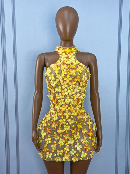 CELESINYI Fengyehua Rhinestone Maple Print Party Dress