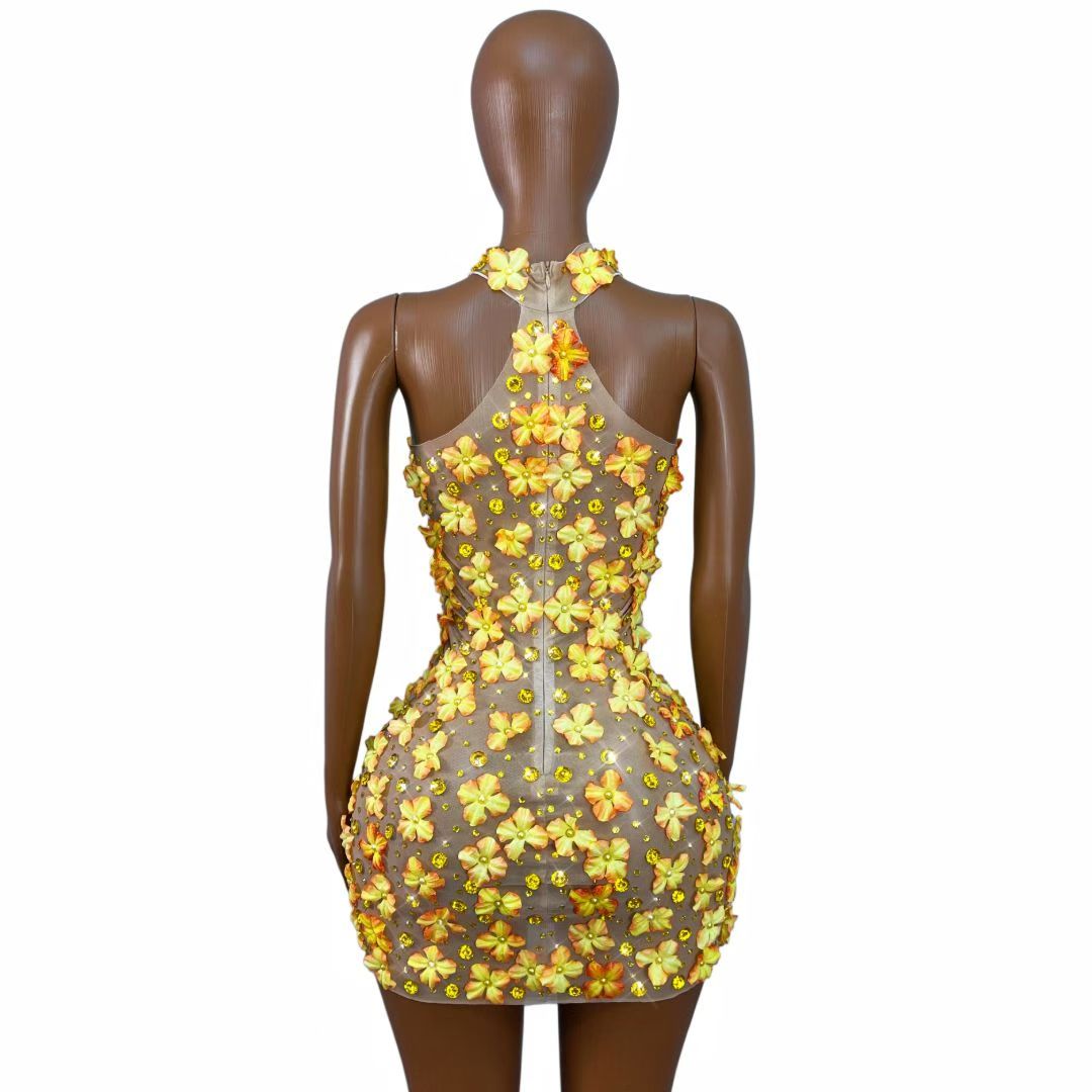 CELESINYI Fengyehua Crystal 3D Flower Mini Dress
