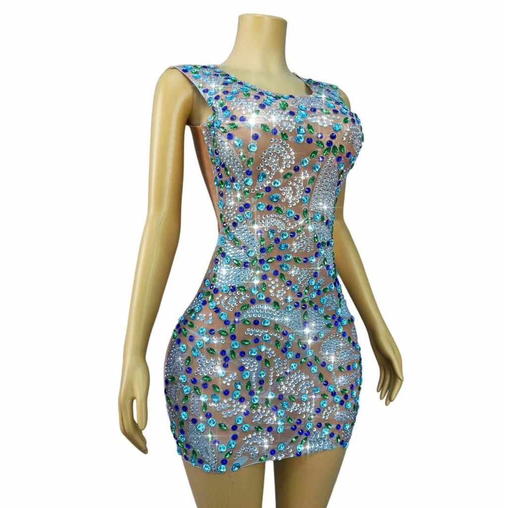 CELESINYI Chuanchuan Crystal Gem Mosaic Mini Dress