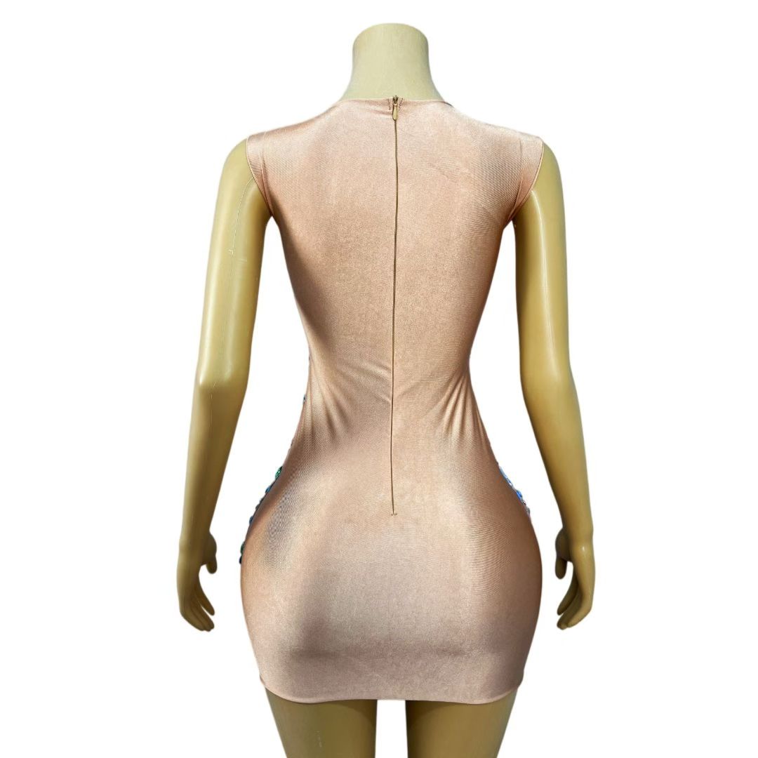 CELESINYI Chuanchuan Crystal Gem Mosaic Mini Dress