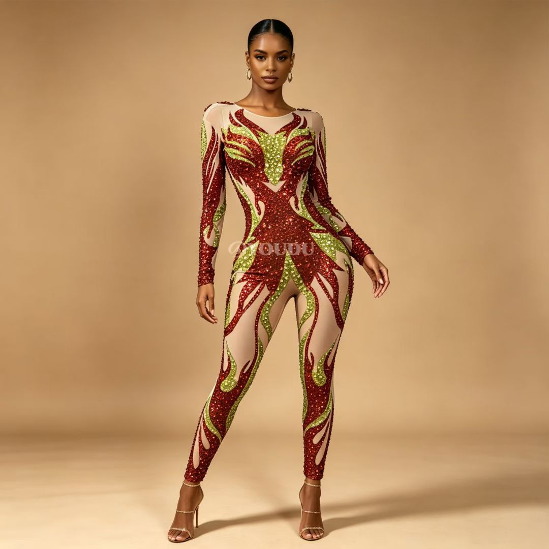 CELESINYI Chiyan Crystal Flame Print Party Dress