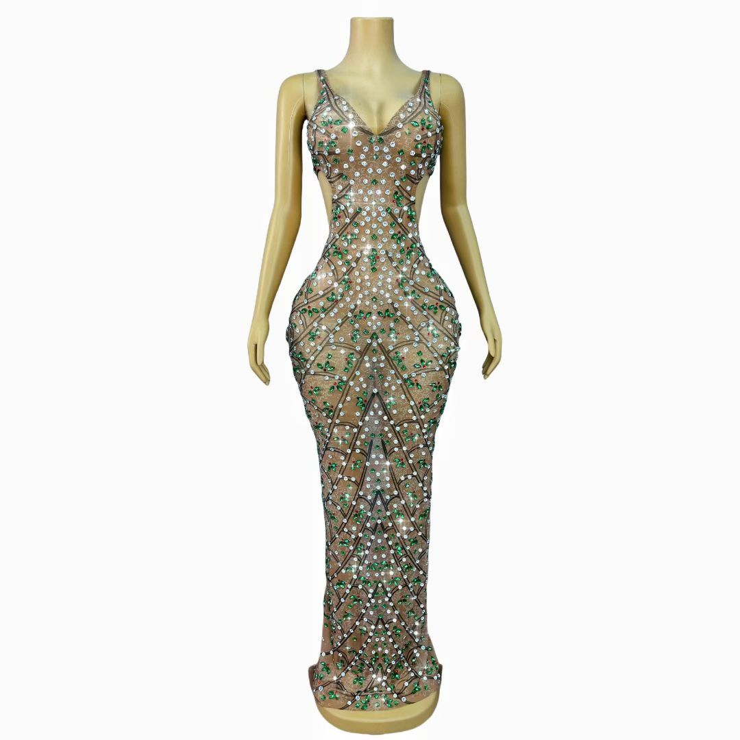 CELESINYI Caolvwang Rhinestone Mesh Party Dress