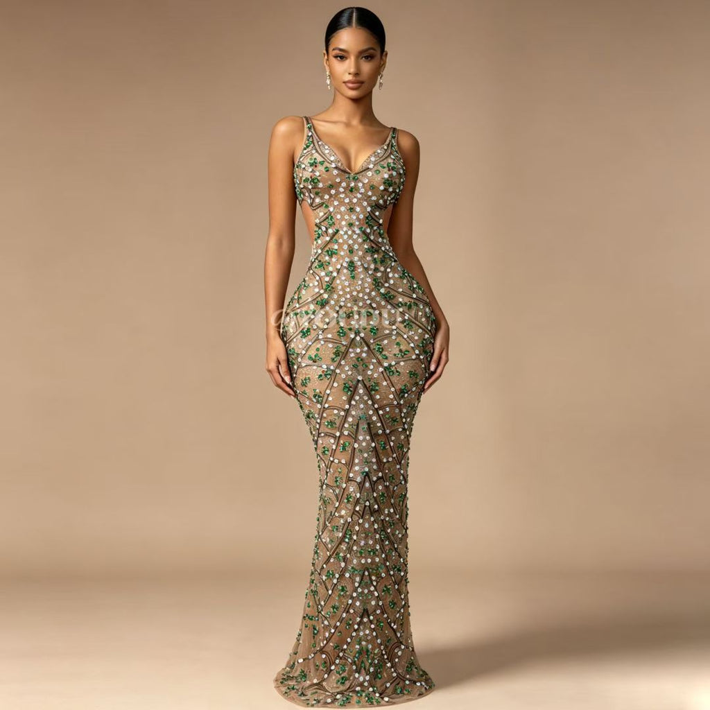 CELESINYI Caolvwang Crystal Emerald Leaf Gown
