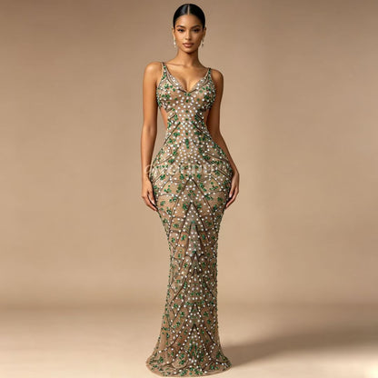CELESINYI Caolvwang Rhinestone Mesh Party Dress