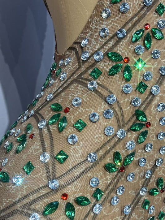 CELESINYI Caolvwang Crystal Emerald Leaf Gown