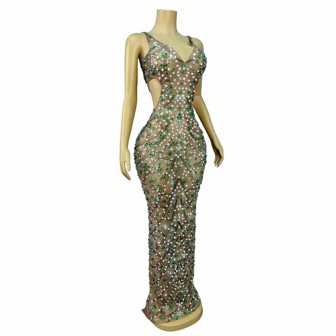 CELESINYI Caolvwang Rhinestone Mesh Party Dress