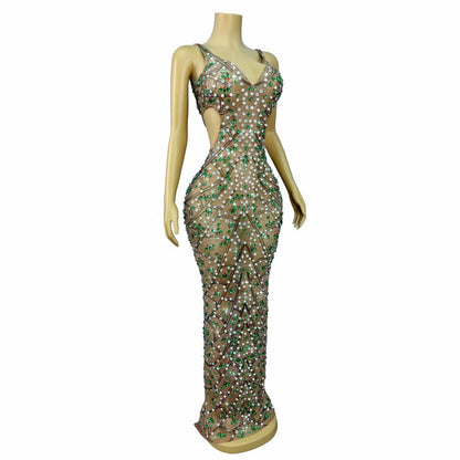 CELESINYI Caolvwang Rhinestone Mesh Party Dress