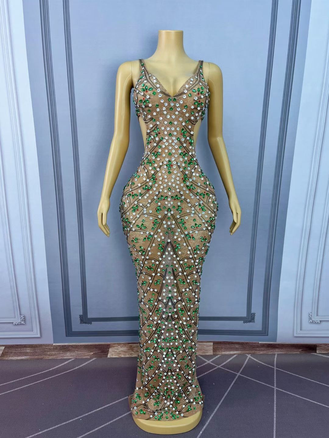 CELESINYI Caolvwang Rhinestone Mesh Party Dress