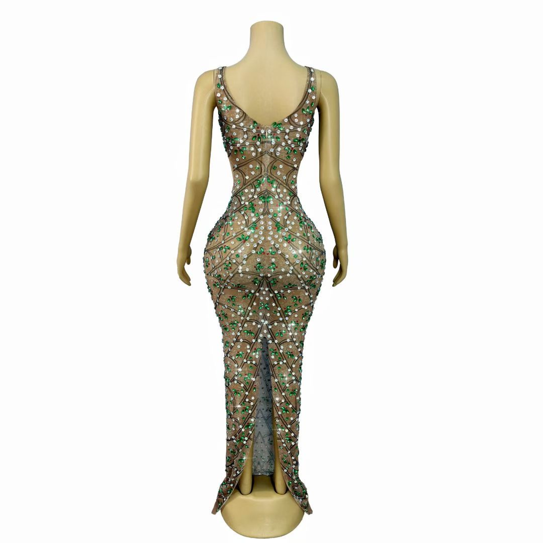 CELESINYI Caolvwang Rhinestone Mesh Party Dress