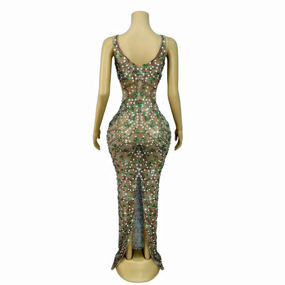 CELESINYI Caolvwang Rhinestone Mesh Party Dress