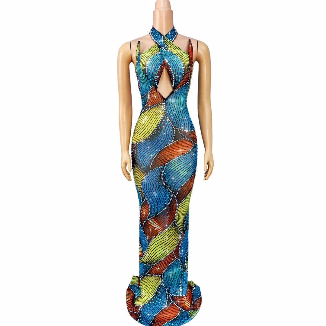 CELESINYI Caisehong Crystal Rainbow Party Dress